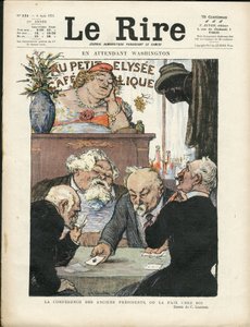 Ilustración de Charles Leandre (1862-1934) en Le Lire, 06/08/21 - Mientras tanto en Washington - Elecciones, Presidente de la República - Marianne, Fallieres Armand, Poinsare Raymond, Deschanel Paul - Juego de cartas de Charles Leandre