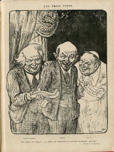 Ilustración de Charles Leandre (1862-1934) en Le Rire, 03/06/22 - Los Tres Papas - Inglaterra Gran Bretaña, U.S.R., Verificar fechas, Reichstag - Lenin, Lloyd George, Pío XI de Charles Leandre