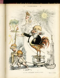 Ilustración de Charles Leandre (1862-1934) en Le Rire, 22/10/04 - Un gran matrimonio - Matrimonio - Coq, Meyer Arthur - Animalización de Charles Leandre