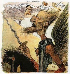 Paul Deroulede (1846-1914), escritor francés y activista nacionalista, un actor importante en el antidreyfusismo, caricatura de Charles Leandre como el caballero Don Quijote: va a luchar contra molinos de viento, lleva bajo el brazo una maleta marcada "Ely de Charles Leandre