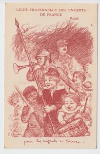 Postal, Satírico en Colores: Liga fraternal de los niños de Francia - Guerra del 14-18, Infancia, Jornadas patrióticas Ilustración de Charles Leandre (1862-1934)
