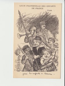 Tarjeta postal, Satírico en N & B: Liga fraternal de los niños de Francia - Guerra de 14 -18, Música, Infancia, Liga fraternal de los niños de Francia - Ilustración de soldados por Charles Leandre (1862-1934) de Charles Leandre