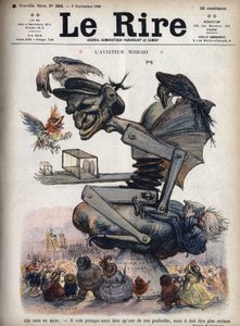 La gente de Le Mans: vuela casi tan bien como una de nuestras aves de corral, pero debe ser más dura. Caricatura del aviador estadounidense Wilbur Wright (1867-1912) a bordo de su avión el 