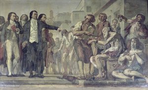 Philippe Pinel 1745-1826 liberando a los lunáticos de sus cadenas en el asilo de Bicêtre en París en 1793, c.1840-50 (detalle) de Charles Louis Lucien Muller