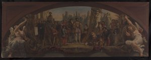 Boceto para el Pabellón Denon del Louvre: Les quatre âges de la vie artistique en France - Presentación a Francisco I de los planos del castillo de Fontainebleau, hacia 1864 (óleo sobre lienzo) de Charles Louis Lucien Muller