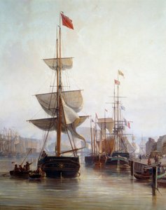 Barco en el puerto de Rouen en 1855 (detalle). Pintura de Charle Louis Mozin