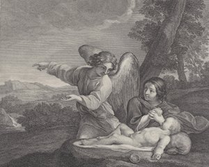 El ángel apareciendo a Agar en el desierto mientras ella junta sus manos junto al sueño de Charles Louis Simonneau