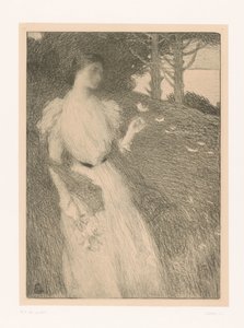 Una mujer deja que los pétalos de las flores se pierdan en el viento de Charles Lucien Leandre