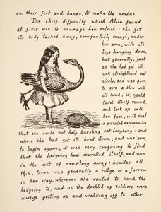 Alicia sosteniendo su avestruz, ilustración de Las aventuras bajo tierra de Alicia, pub. 1886 (facsímil) de Charles Lutwidge Dodgson