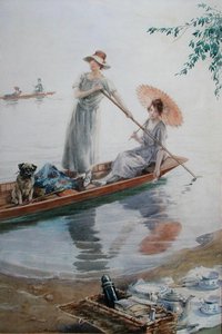 Dos niñas con su perro pug remando de regreso a su picnic de Charles MacIvor or MacIver Grierson