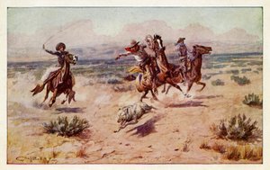 Vaqueros persiguiendo a un lobo de la pradera