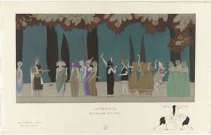 Gazette du Bon Ton, 1914 - No. 5, Pl. 43: Afrodita / En los jardines de la Diosa (título sobre objeto)