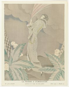 Gazette du Bon Ton 1923, No. 5, Pl. 23: The Emerald Woman - Tiger coat, de Max-Leroy (título sobre el objeto)