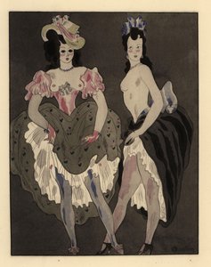 Dos prostitutas semidesnudas vestidas con enaguas y gorros.