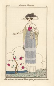 Mujer con vestido de lino con encaje inglés perlado, zapatillas blancas y negras de Charles Martin