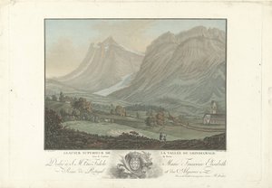 Gletsjer bij de vallei van Grindelwald
Glaciar superior del valle de Grindelwald en el cantón de Berna (título en el objeto)
Vistas notables de las montañas de Suiza (título de la serie) de Charles Melchior Descourtis