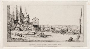 Pasarela Temporalmente Reemplazando el Puente de la Bolsa, París, después del incendio de 1621 de Charles Meryon