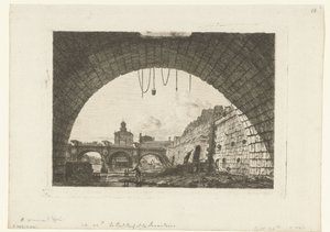 Gezicht op Pont-Neuf van onder boog Pont-au-Change en París El Pont Neuf y el Samaritaine desde debajo del primer arco del Pont au Change