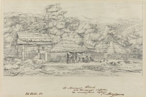 Graneros Indígenas y Habitaciones en Akaroa, Península de Banks de Charles Meryon