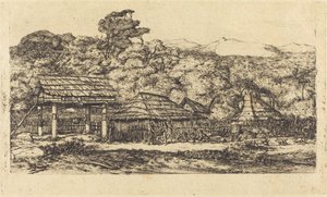 Graneros y chozas nativas en Akaroa, península de Banks, 1845 de Charles Meryon