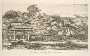 Graneros indígenas y viviendas en Akaroa, península de Banks, ilustración de 