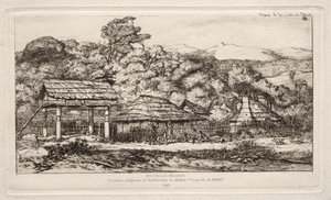 Graneros y Cabañas Nativas en Akaroa, Península de Banks, 1845 de Charles Meryon