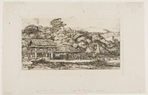 Graneros y cabañas indígenas en Akaroa, península de Banks, 1845 de Charles Meryon