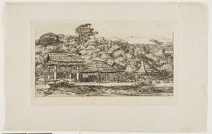 Graneros y cabañas indígenas en Akaroa, península de Banks, 1845 de Charles Meryon