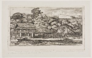 Graneros y cabañas indígenas en Akaroa, península de Banks, 1845 de Charles Meryon
