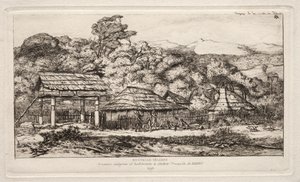 Graneros y chozas nativas en Akaroa, Península de Banks, 1845, 1865 de Charles Meryon