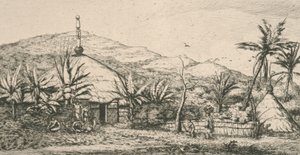 Nueva Caledonia, Nouvelle Calédonie: gran casa indígena en el camino de paseo a Poepo, ilustración de "Grabado del Pacífico...", 1863 de Charles Meryon