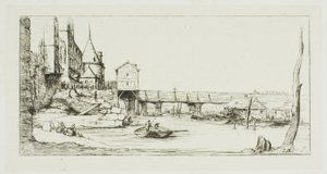 El puente peatonal que reemplaza temporalmente al Pont-au-Change, París, después del incendio de 1621 de Charles Meryon