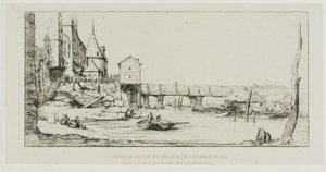El puente peatonal que reemplaza temporalmente al Pont-au-Change, París, después del incendio de 1621 de Charles Meryon