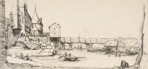El puente peatonal que reemplaza temporalmente al Pont-au-Change, París, después del incendio de 1621, af..., 1860 de Charles Meryon