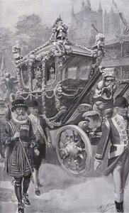 El rey Eduardo VII y la reina Alejandra en el coche estatal regresando de su coronación en la Abadía de Westminster, Londres