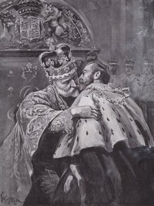 El rey Eduardo VII abrazando a su hijo, el Príncipe de Gales, en la coronación del rey, Abadía de Westminster, Londres de Charles Mills (after) Sheldon
