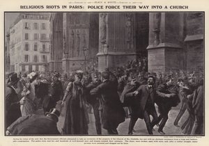 La policía forzando su entrada en una iglesia en París durante disturbios en protesta por los inventarios de iglesias francesas ordenados por el gobierno francés como parte de su política de separación de iglesia y estado de Charles Mills (after) Sheldon