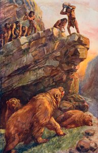 Hombres prehistóricos atacando a los grandes osos de las cavernas
