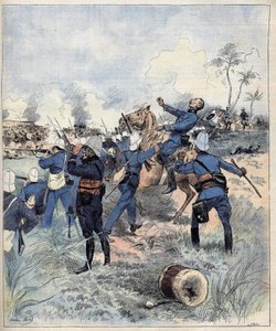 El comandante Faurax murió en la batalla de Dogba el 19 de septiembre de 1892 en Dahomey (ahora Benín) después de la acuarela de Morel de 1892 de Charles Morel