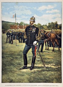 El Regimiento de Bomberos tiene la revista Longchamps (Retrato del Coronel Couston), ilustración de Charles Morel (1861-1908). Grabado de 1887 en “Paris-Illustrous journal weekly” de Charles Morel
