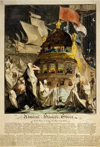 El fantasma del almirante Hosier, la imagen representa un barco rodeado de fantasmas en sudarios, con las fortificaciones de un puerto de Charles Mosley