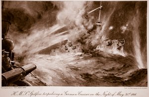 H.M.S Spitfire torpedeando un crucero alemán la noche del 31 de mayo