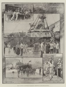 Actividad naval en el astillero de Portsmouth, salida de la escuadra volante (litografía)