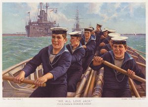 Marineros del HMS Triumph remando en un puerto (litografía en color)