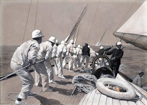 Izando la vela mayor a bordo del Brynhild, un barco de regatas, ganador de la Copa del Rey. Dibujo y aguada (37,4x46,1 cm) de Charles M. Padday () , principios del siglo XX.