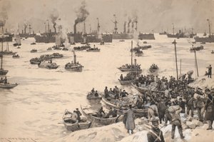 Tropas japonesas desembarcando en Corea en 1905. Dibujo y aguada (30,1x45,6 cm) de Charles M. Padday () , principios del siglo XX.