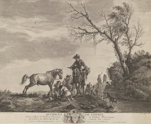 Un accidente mientras viajaba, un hombre arrodillado arreglando una silla rota, un caballo orinando, 1740-50 de Charles Nicolas Cochin