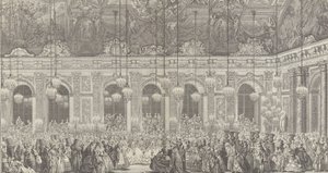 Decoración para un baile de máscaras en Versalles, con motivo de..., ca. 1860 reimpresión de la placa de 1764 de Charles Nicolas Cochin