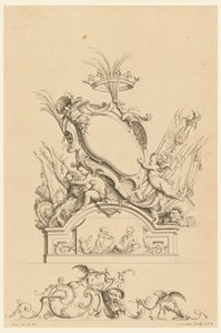 Diseño para cartucho con corona, dos putti sirviendo a Baco y dos leones de "Cartouches Nouvellement Inventez" de Charles Nicolas Cochin the younger