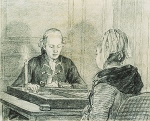 Una pareja sentada, la dama vista desde atrás, jugando al backgammon a la luz de las velas